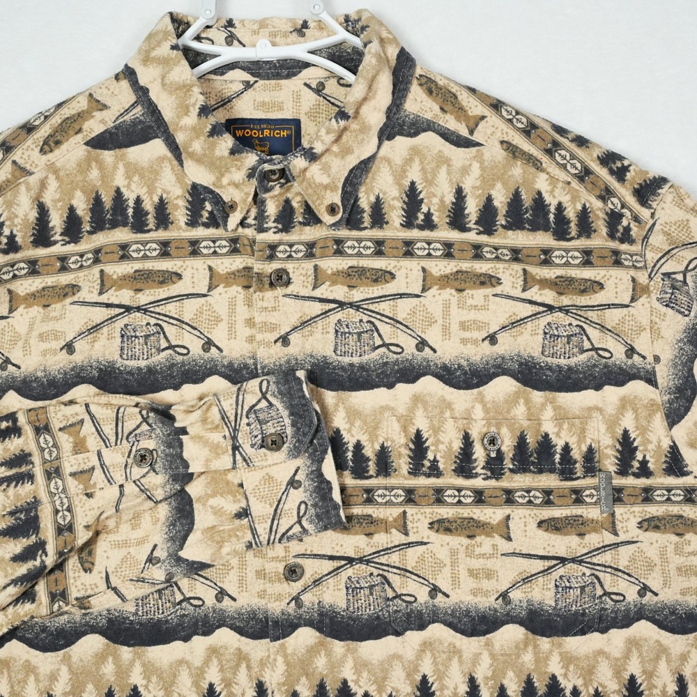 Woolrich Mens XXL Fly Fishing Trout Nature Print Button Down Shirt Tan Brown